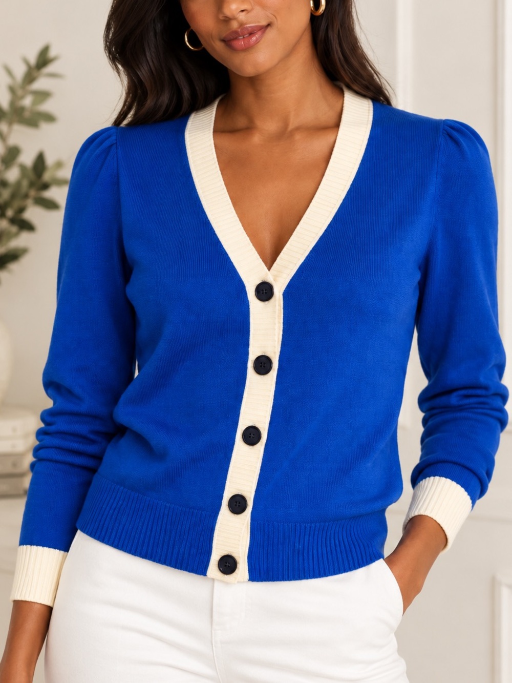 Boden Royal Blue V‑Neck Cardigan with White Trim, size Small